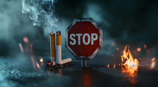 Stop Smoking Sign with Burning Cigarette AntiSmoking Campaign and Health Awareness