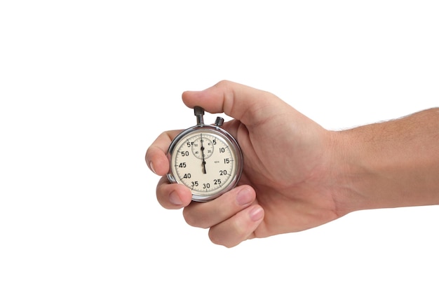 Stopwatch in man hand on white background. Sports, movement and fitness.