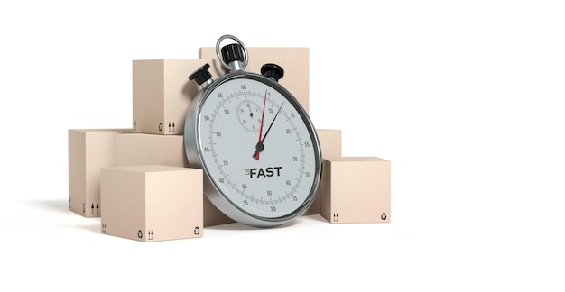 Stopwatch placed in front of a cardboard box white background - 3D rendering