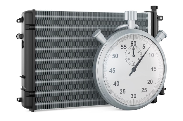 Stopwatch with car radiator 3D rendering