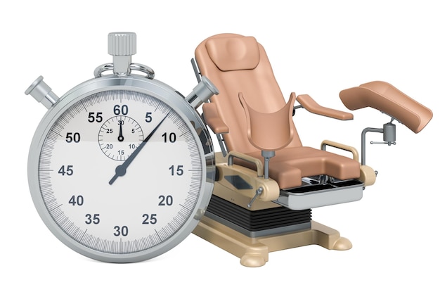 Stopwatch with gynecological examination chair Fast visit to gynecologist 3D rendering