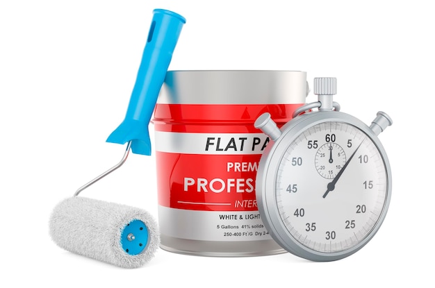 Stopwatch with paint can and roller brush 3D rendering