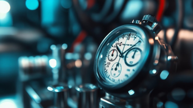 Photo stopwatch in a workshop at night with blurred machinery in background