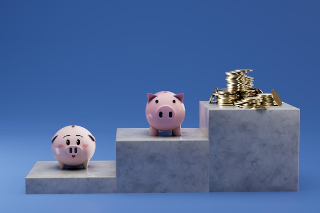 Storage of money in piggy banks a podium on which piggy banks and stacks of coins 3D render