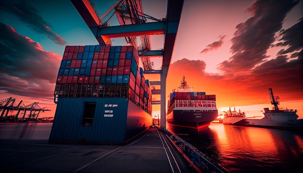 Storage at port with containers at sunset Generative Ai