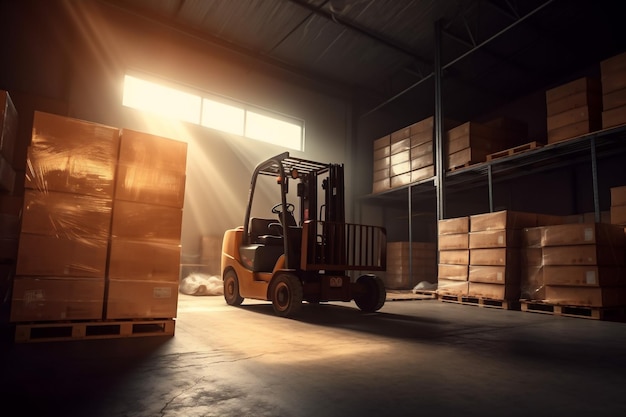 Storage transportation cargo logistic warehouse box distribution delivery sun forklift Generative AI