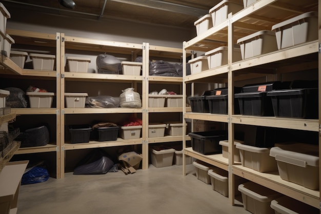 Storage unit filled with neatlyorganized boxes bins and crates created with generative ai