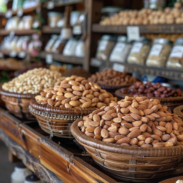 a store display of nuts and almonds with a sign that says quot oat quot