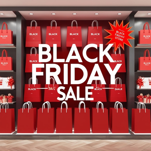 Photo a store display with red shopping bags for black friday sale