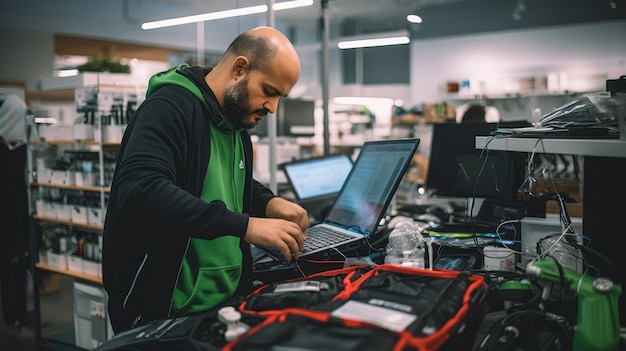 A store employee organizing a display of electronic gadgets on Black Friday