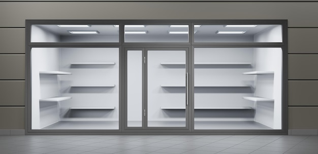 Store front empty street shop with shelves glass window and closed door Blank fashion boutique or showroom with lights inside showcase tiled floor and gray walls Room in mall or market 3d render