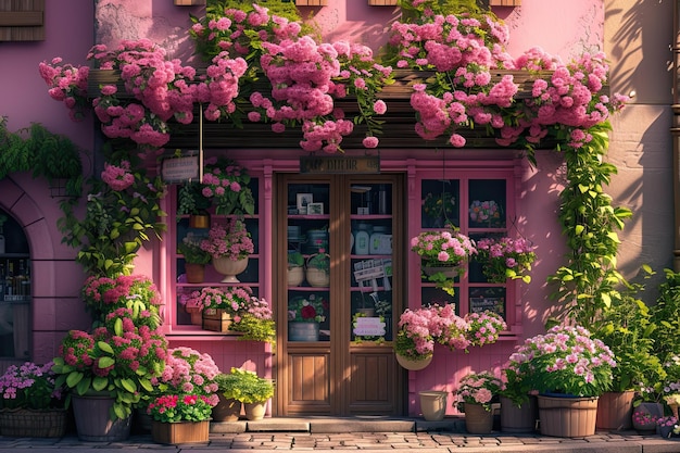 a store front view flower shop street outdoor beautiful flower shop front decoration