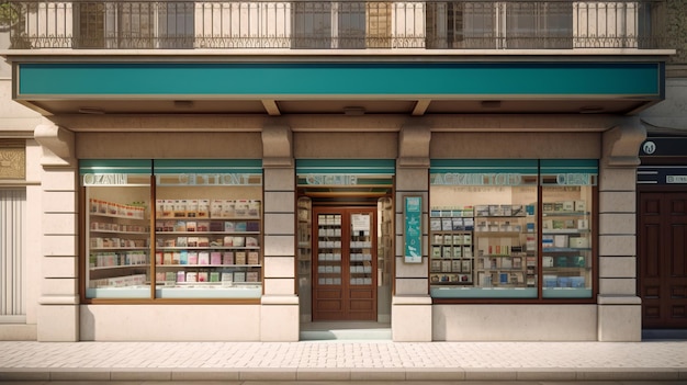 A store front with a blue awning that says'the letter " on it.