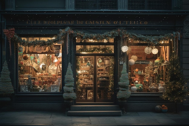 A store front with a christmas decoration on the front