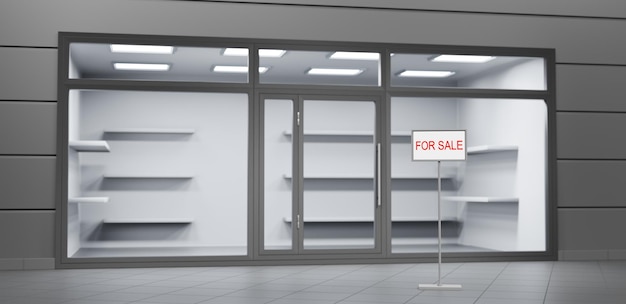 Store front with glass window door and ad floor stand for sale on entrance Boutique shop or showroom with empty shelves showcase and lights perspective view Mockup building exterior 3d render