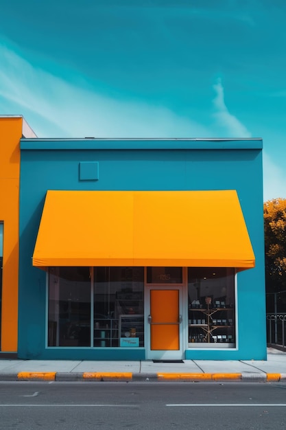 Store Front with Yellow Awnings on Blue Building