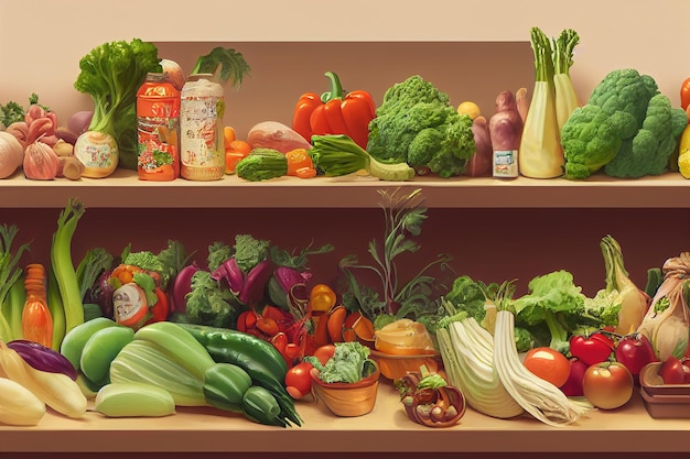 Store shelf with fresh organic vegetables digital illustration