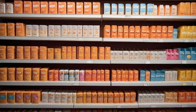 Photo a store shelf with orange and blue bottles of orange juice