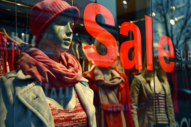 Photo a store window with a woman wearing a hat and scarf