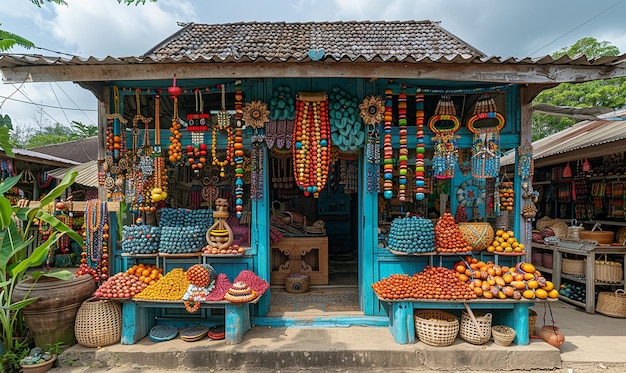 a store with a blue door that has a bunch of fruits on it