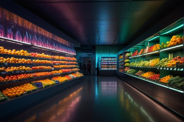 a store with a colorful display of fruit in the middle of it