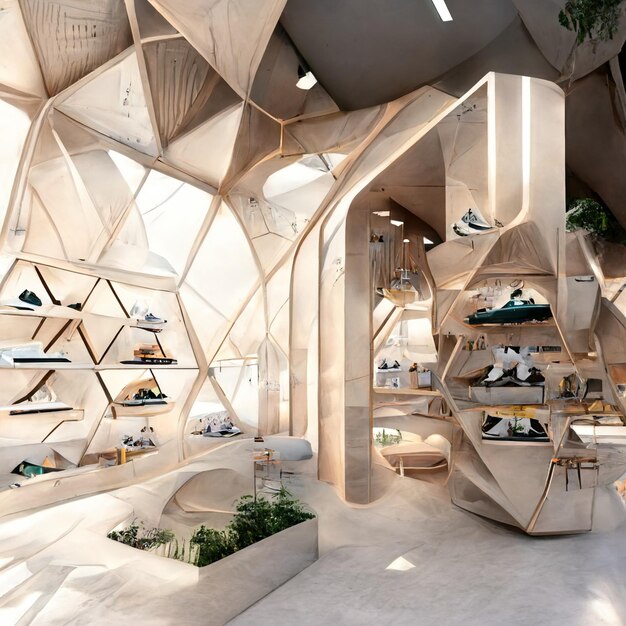 A store with a large ceiling made of hexagonal shapes and a large window with a large number of shoes on it.