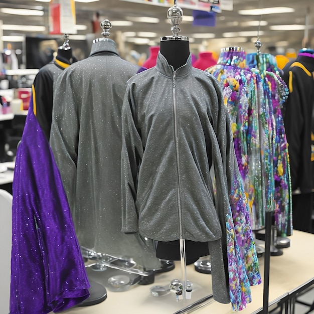 A store with a lot of clothes on display including a jacket with a purple and blue print.