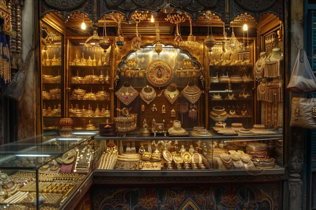 a store with a lot of items on display including a large piece of jewelry