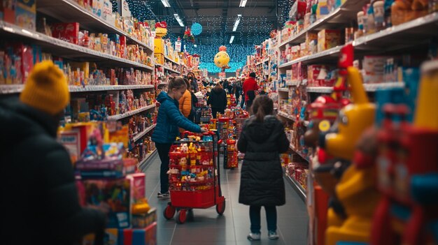 Photo a store with a lot of toys on the shelves and a woman pushing a cart with a red cart