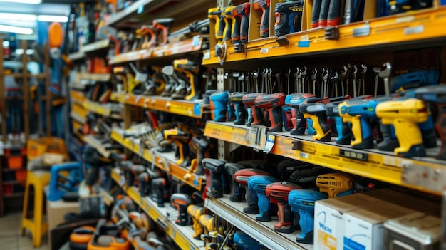 A store with many tools on shelves including drills and screwdrivers