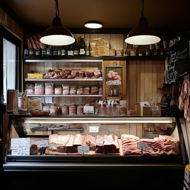 Photo a store with meat and meat on the shelf