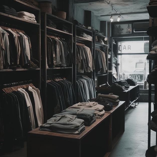 A store with a rack of clothes and a plant in the background