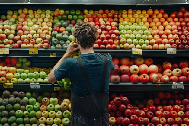 Photo store worker arranging fresh fruits on shelves in grocery store aisle during morning hours