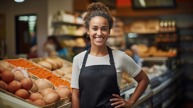 A store worker smiles