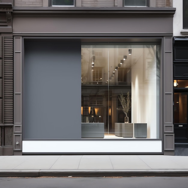 Photo storefront mockup with glass double door and white signboard and grey sides