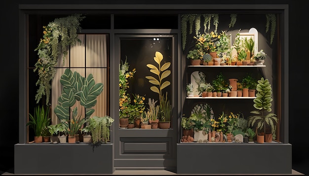 A storefront with plants