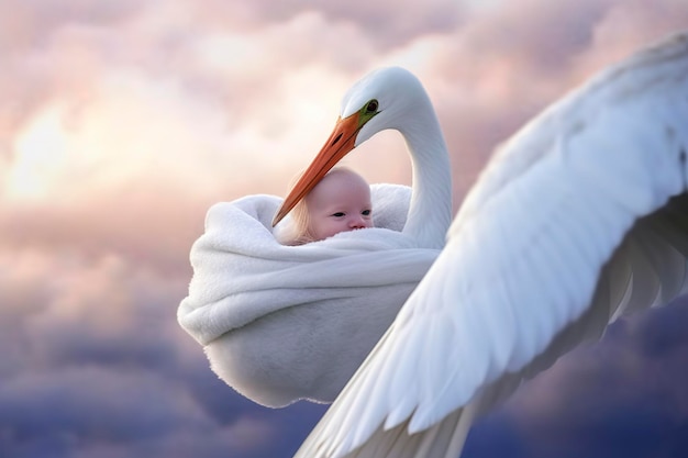 A stork carries a human baby between its wings Ai generated