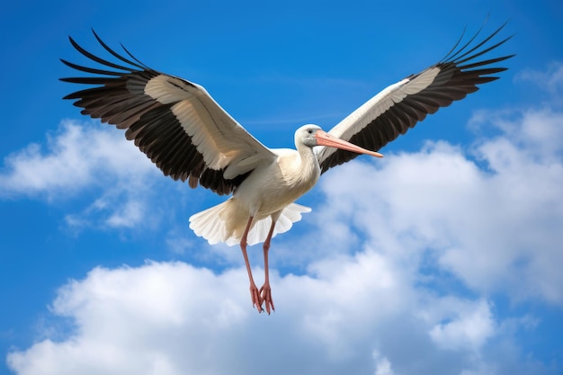 Stork in flight on blue sky