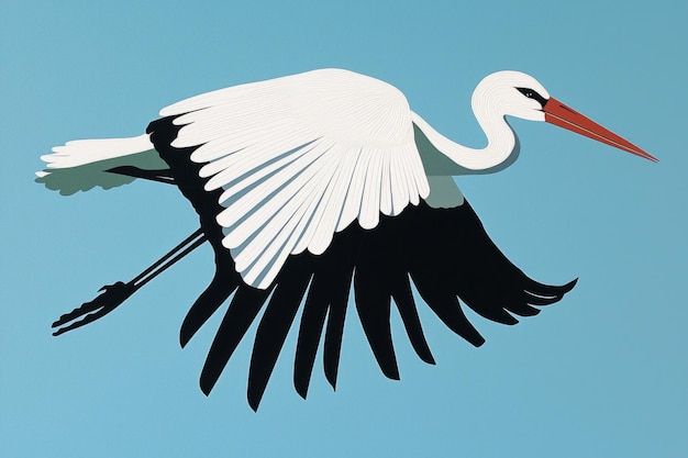 Stork gracefully glides through the clear blue sky its striking black and white layers catching the