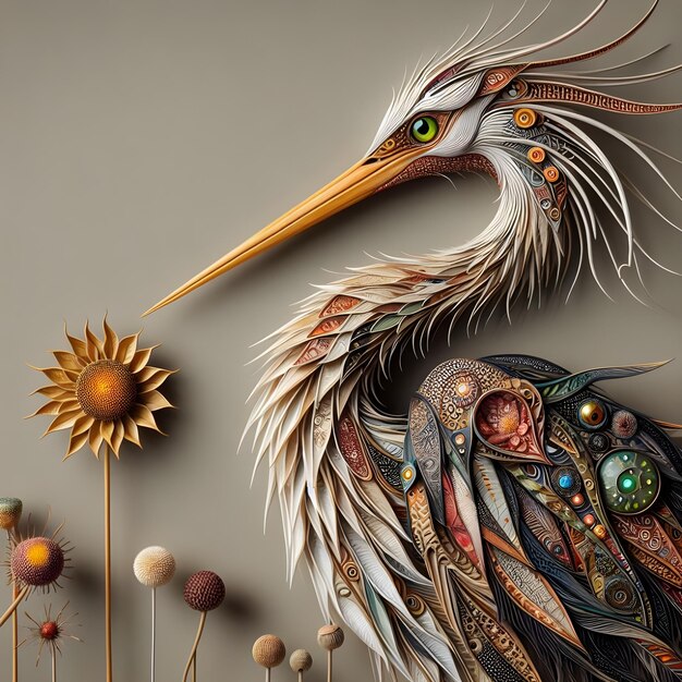 Photo a stork that has been meticulously created from a variety of materials