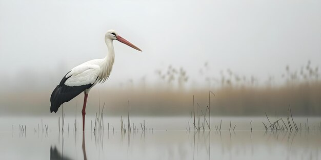 A stork with long legs and neck standing tall in water Concept Nature Wildlife Bird Watching Animal Behavior Wetland Ecosystems