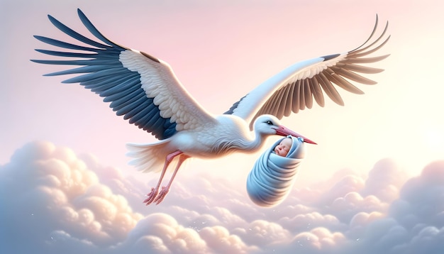 A stork with white feathers and long legs is flying in the sky holding a cute baby in its beak gen