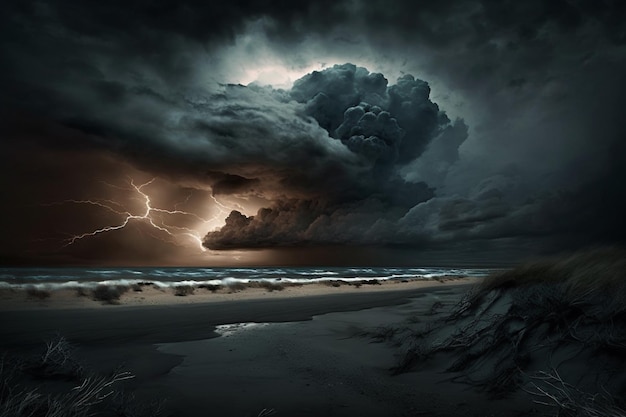 A storm on the beach with a large cloud above it