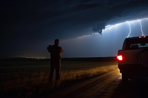 Storm chaser filming lightning strike on stormy night created with generative ai