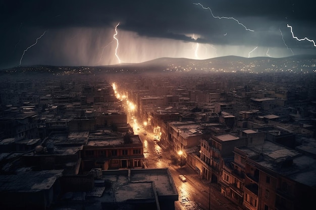 A storm over a city with a lightning strike on the left side.