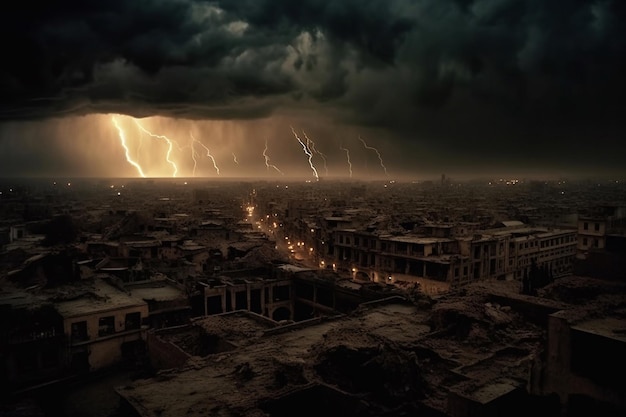 A storm over a city with a lightning strike on the left side.