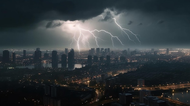 A storm in the city with lightning strikes over the city