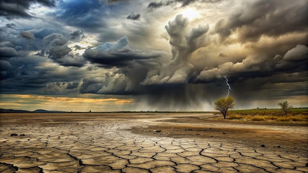 a storm cloud over a desert with a tree in the background