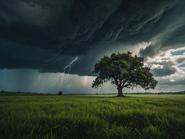 a storm cloud over a field with a tree and a tree