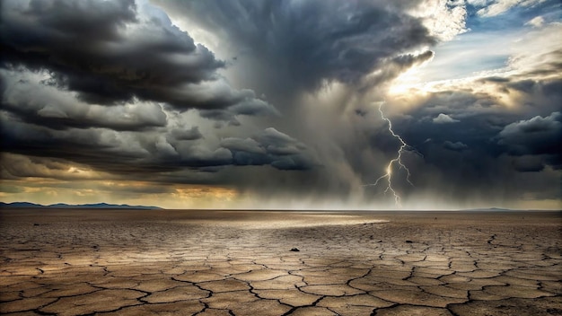 a storm cloud is approaching over a desert with a lightning bolt